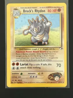 Pokemon Brock's Rhydon Gym Heroes Holo Rare 80HP 2/132 Wizards of the Coast Card - Image 1