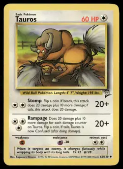 2000 Pokemon Base Set 2 Tauros 62/130 Uncommon WOTC Vintage Trading Card NM - Image 1