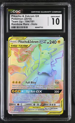 CGC 10 GEM MINT Pikachu & Zekrom GX Team Up 184/181 Rainbow Rare Pokemon Card - Image 1