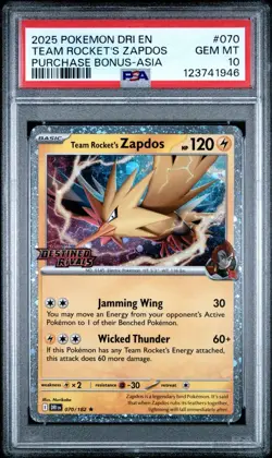 POKEMON DRI EN-DESTINED RIVALS 070 TEAM ROCKET'S ZAPDOS ASIA EXCLUSIVE PSA 10 - Image 1