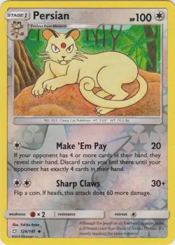 Pokemon - Persian - 126/181 - Uncommon - Reverse Holo - Sun and Moon Team Up - N - Image 1