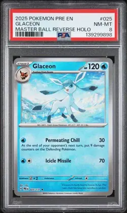 Glaceon Master Ball Pattern 025/131 PSA 8 Sv: Prismatic Evolutions Holo Pokemon - Image 1