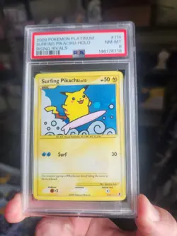 Rising Rivals Surfing Pikachu Holo 2009 Pokemon Platinum #114/111 PSA 8 New Cert - Image 1