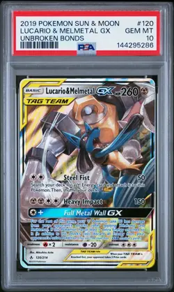 2019 POKEMON SUN & MOON UNBROKEN BONDS #120 LUCARIO & MELMETAL GX PSA 10 - Image 1