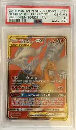 2019 POKEMON SUN & MOON UNBROKEN BONDS RESHIRAM & CHARIZARD GX #194 PSA 10 - Image 1