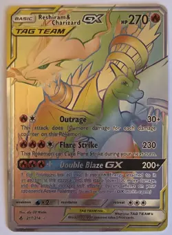 CARTA POKeMON RESHIRAM E CHARIZARD GX ALLEATI 217/214 RARA SEGRETA FULL ART FOIL - Image 1