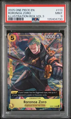 2025 ONE PIECE PROMOS ILLUSTRATION BOX VOL.3 #113 RORONOA ZORO PSA 9 - Image 1