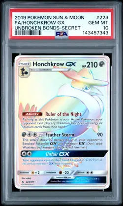 2019 Pokemon Sun Moon Unbroken Bonds Honchkrow GX Rainbow Secret #223/214 PSA 10 - Image 1
