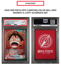 PSA 10 Monkey.D.Luffy Alternate Art L OP13-001 Carrying On His Will One Piece - Image 1