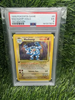 1999 POKEMON GAME 1ST ED #8 MACHAMP-HOLO PSA 5 - Image 1