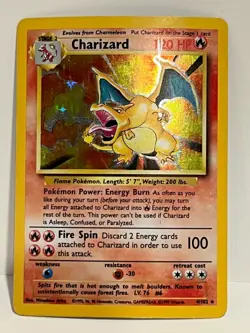 Vintage 1999 Pokemon TCG Base Set CHARIZARD HOLO Rare 4/102, Unltd HP-Damaged - Image 1