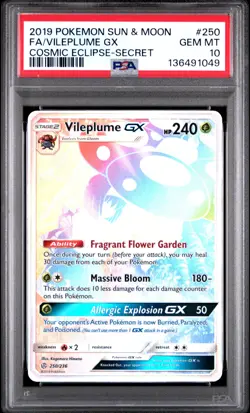 2019 POKEMON SUN & MOON COSMIC ECLIPSE SECRET #250 FULL ART/VILEPLUME GX PSA 10 - Image 1