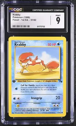 Pokemon Card Krabby 51/62 1st Edition Fossil 1999 CGC 9 MINT - Image 1