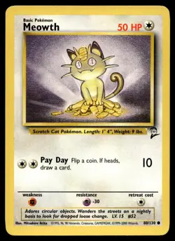 Meowth 80/130 Pokemon Card Base Set 2 Common 50 HP Near Mint LY - Image 1
