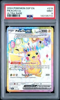2024 POKEMON SSP EN-SURGING SPARKS ULTRA RARE #219 PIKACHU EX PSA 9 - Image 1