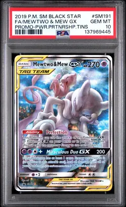 2019 POKEMON SM BLACK STAR PROMO #SM191 Tag Team FULL ART MEWTWO & MEW GX PSA 10 - Image 1