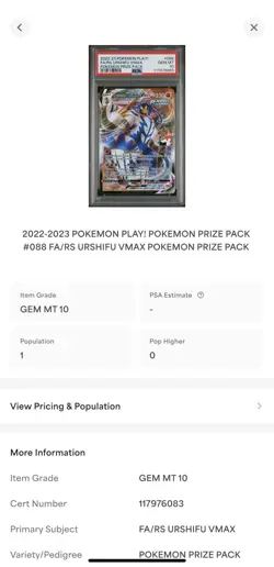 2022-2023 POKEMON PLAY PRIZE PACK URSHIFU VMAX #088 FA/RS - POP 1 OF 1 WORLDWIDE - Image 2