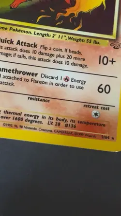 Pokemon TCG 1999 Flareon Holo Rare Card 3/64 Jungle Set - Image 5