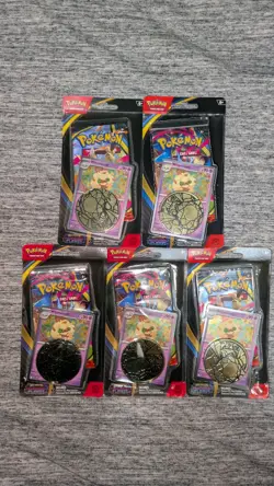 POKEMON DAY AUCTION 5X SEALED PHANTASMAL FLAMES BOOSTER BLISTER COTTONEE W/ COIN - Image 1
