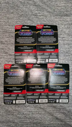 POKEMON DAY AUCTION 5X SEALED PHANTASMAL FLAMES BOOSTER BLISTER COTTONEE W/ COIN - Image 2