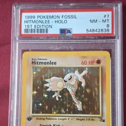 Pokemon TCG Hitmonlee Fossil 1st Edition Holo Rare #7 PSA 8 1999 English - Image 1