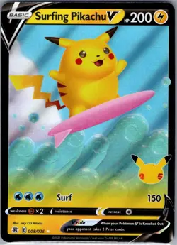 Surfing Pikachu V 008/025 Celebrations - Pokemon Card - NM - Image 1