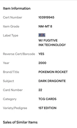 (MA4) 2000 Pokemon Rocket 1ST Edition #22 Dark Dragonite PSA NM-MT 8 - 103919945 - Image 4