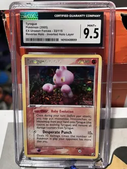 Pokemon Card Tyrogue Rev. Holo Rare PSA 9.5 Mint+, EX Unseen Forces 33/115, 2005 - Image 1