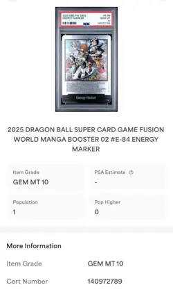 Energy Marker E-84 Silver Manga Booster 02 Dragon Ball Fusion Card PSA 10 POP 1 - Image 3
