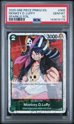 2025 ONE PIECE PRB02-PREMIUM BOOSTER SPARKLE FOIL #005 MONKEY D. LUFFY PSA 10 - Image 1