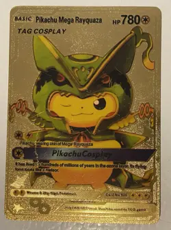 Pokemon Card Tag Cosplay Pikachu Mega Rayquaza 780HP Gold Foil Fan Art - Image 1