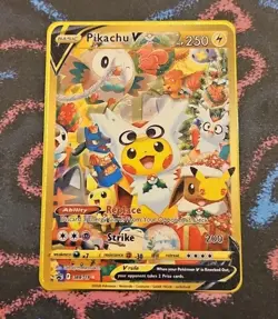 Christmas Pikachu V Delibird Cosplay Poncho Gold Metal Collectible Fan Art Card - Image 1