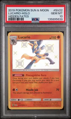 2019 POKEMON SUN & MOON HIDDEN FATES #SV22 LUCARIO-HOLO PSA 10 - Image 1