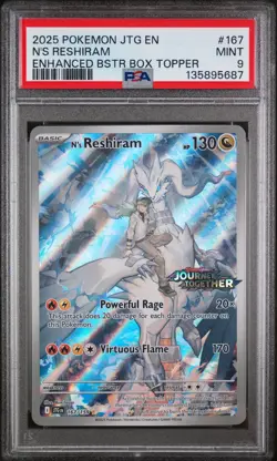 2025 POKEMON JTG ENHANCED BOOSTER BOX TOPPER #167 N'S RESHIRAM PSA 9 - Image 1