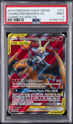 2019 POKEMON SUN & MOON COSMIC ECLIPSE FULL ART/CHARIZARD & BRAIXEN GX PSA 9 - Image 1