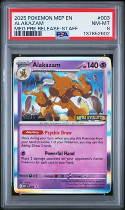 2025 Pokemon Mega Evolution Alakazam Pre Release Staff PSA 8 #003 - Image 1