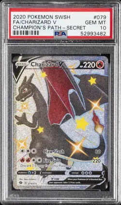 2020 POKEMON SWORD & SHIELD CHAMP'S PATH SECRET #079 FULL ART/CHARIZARD V PSA 10 - Image 1