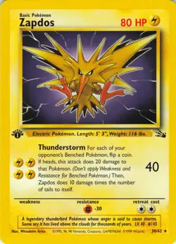 Zapdos - 1st Edition - 30/62 Fossil Set - WOTC - Pokemon TCG - 1999 - Image 1