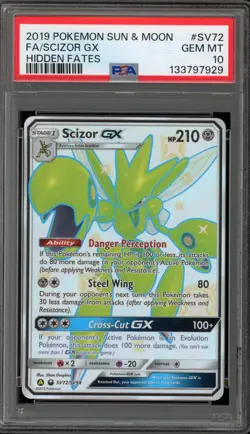 Pokemon Scizor GX Hidden Fates Full Art #SV72 PSA 10 Gem Mint - Image 1