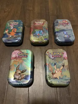 Pokemon TCG Kanto Friends 5 Empty Mini Tins Full Set + 5 Art Cards No Coins/Pack - Image 1