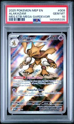2025 POKEMON MEP EN-ME PROMO #009 ALAKAZAM MEG ETB PSA 10 (KY - Image 1