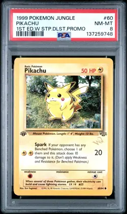 1999 POKEMON JUNGLE 1ST ED W STAMP DUELIST PROMO #60 PIKACHU PSA 8 - Image 1