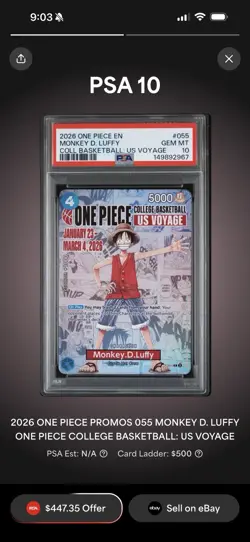 One Piece NCAA College Basketball Promo Monkey. D. Luffy US Voyage PSA 10 Gem - Image 1