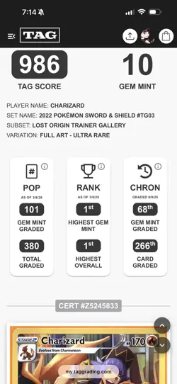 Pokemon Charizard TG03/TG30 Lost Origin Trainer Gallery TAG 10 Rank #1 986 Score - Image 3