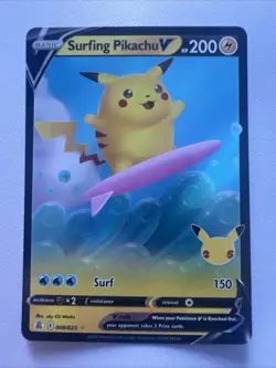 Surfing Pikachu V - 008/025 - Pokemon Celebrations Sword & Shield Rare Card - Image 1