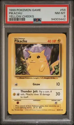 Pokemon TCG Pikachu Yellow cheeks Base Set 58/102 Unlimited PSA 8 - Image 1