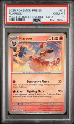 2025 POKEMON PRE EN-PRISMATIC EVOLUTIONS MASTER BALL REVERSE HOLO FLAREON PSA 10 - Image 1