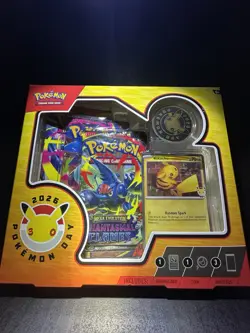 2026 Pokemon Day Collection Box Pikachu Promo Holo Swirl Sealed - Image 1