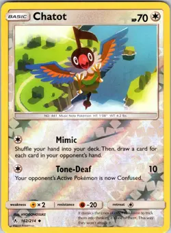 Chatot 162/214 SM - Unbroken Bonds Pokemon NM/LP Reverse Holo - Image 1