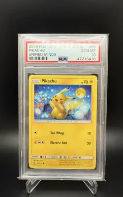 2019 Pokemon S&M Unified Minds Non-holo Common Pikachu 56/236 - PSA 10 GEM MT - Image 1
